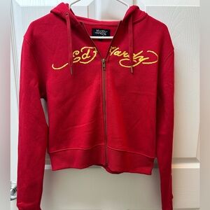 Ed Hardy Vibrant Red Hoodie with Gold Accents